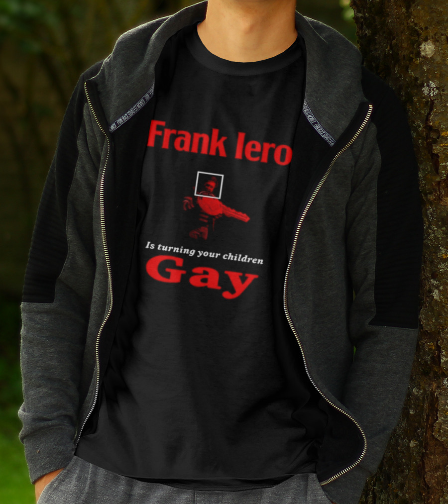 Frank Iero Is Turning Your Children Gay Text In Red With Bird Image T-Shirt