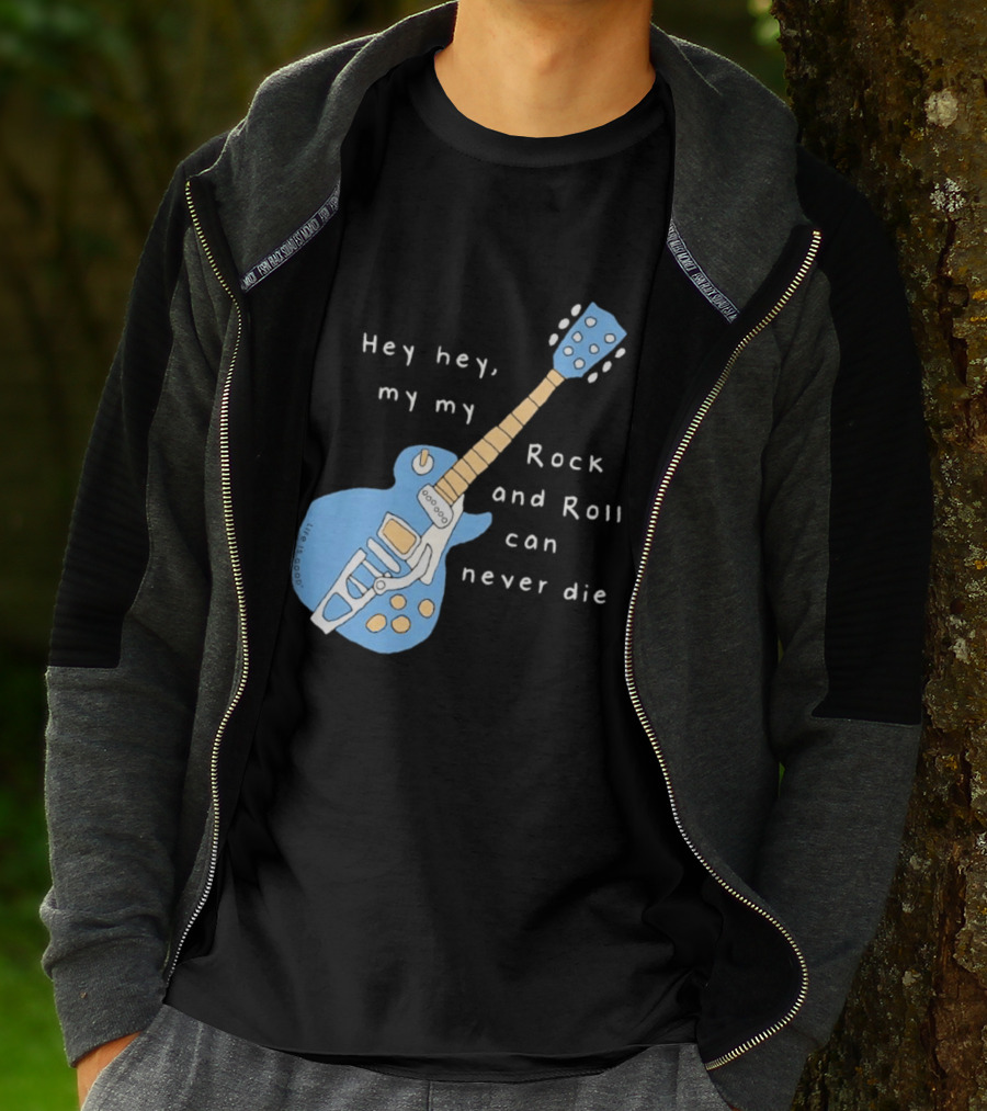 Hey Hey My My Rock And Roll Can Never Die Blue Guitar T-Shirt