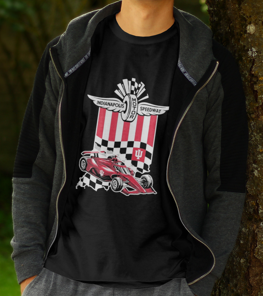Indiana Hoosiers Red Race Car Indianapolis Motor Speedway Checker Flag T-Shirt