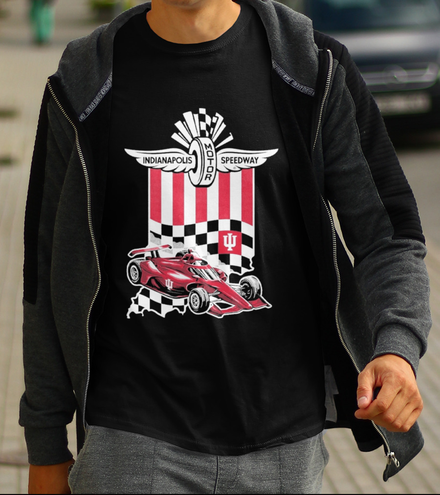 Indiana Hoosiers Red Race Car Indianapolis Motor Speedway Checker Flag T-Shirt