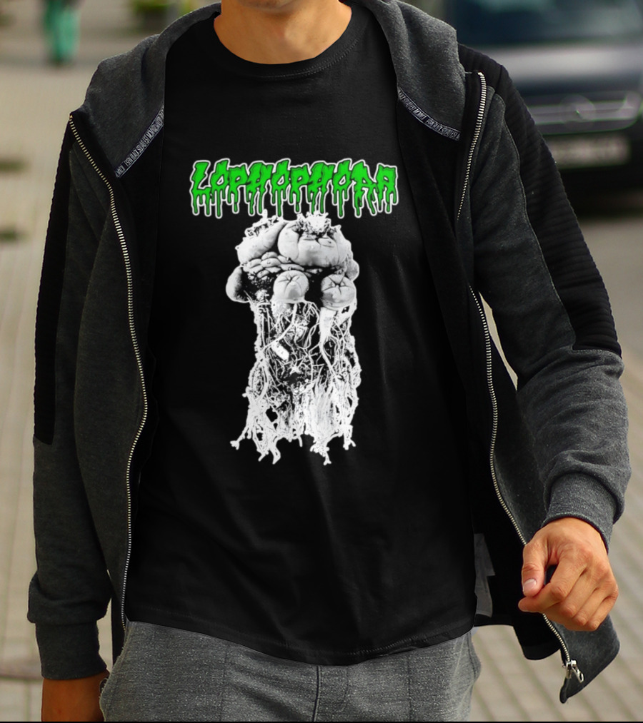 Lophophora Cactus Dripping Text With Detailed Root T-Shirt