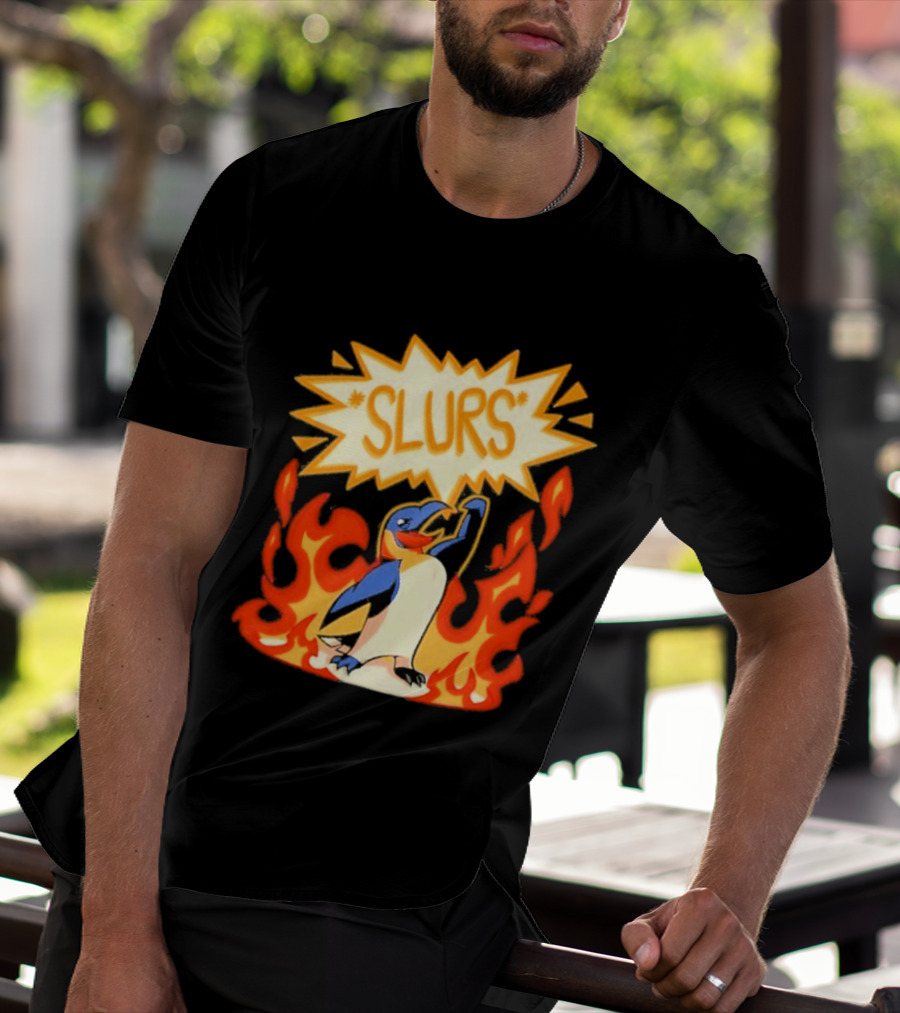 Penguin Slurs Cartoon Flaming Penguin In Fiery Speech Bubble T-Shirt