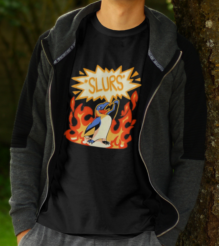 Penguin Slurs Cartoon Flaming Penguin In Fiery Speech Bubble T-Shirt