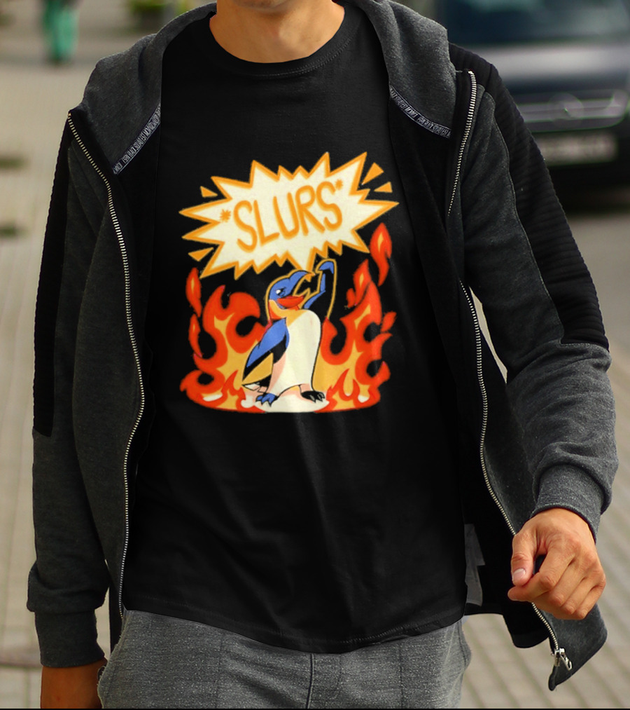 Penguin Slurs Cartoon Flaming Penguin In Fiery Speech Bubble T-Shirt