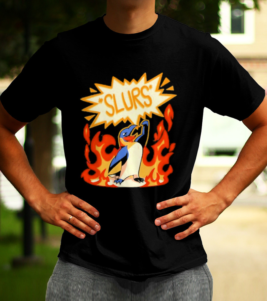 Penguin Slurs Cartoon Flaming Penguin In Fiery Speech Bubble T-Shirt