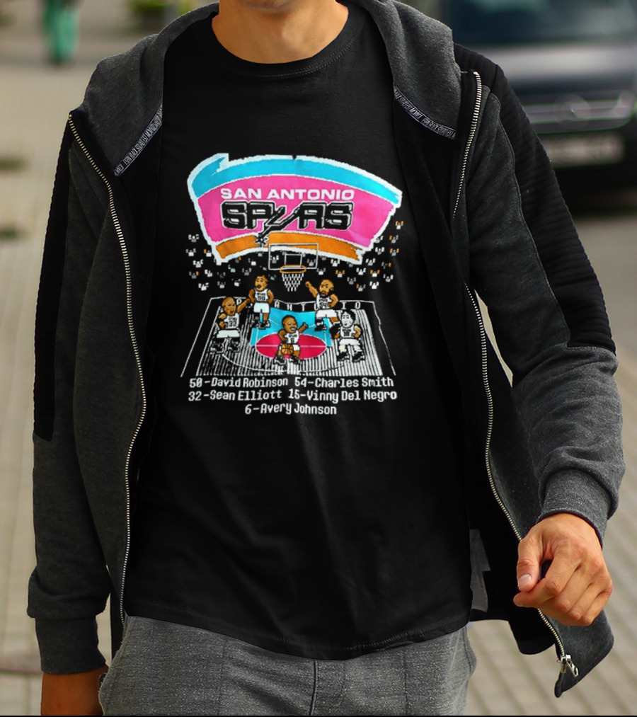 San Antonio Spurs 8 Bit Caricature David Robinson Charles Smith Sean Elliott Vinny Del Negro Avery Johnson NBA T-Shirt
