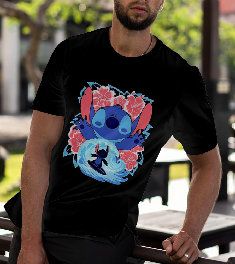 Lilo And Stitch Surfing Tropical Hibiscus Flowers T-Shirt