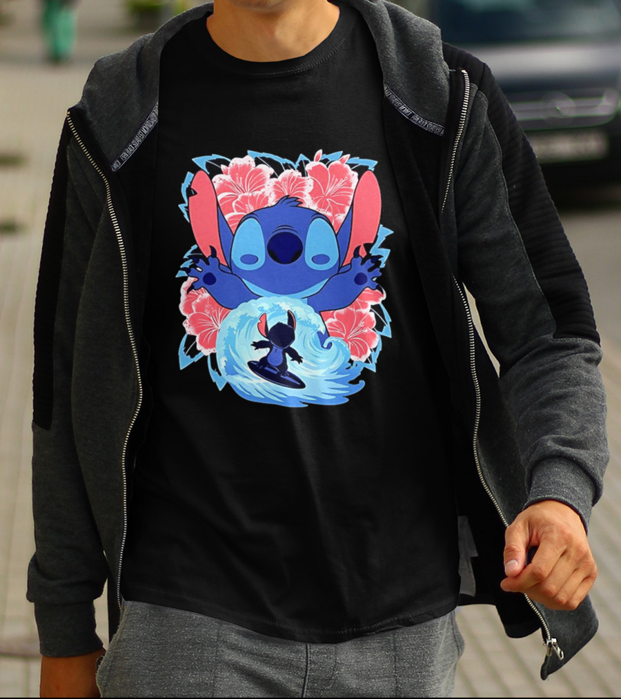 Lilo And Stitch Surfing Tropical Hibiscus Flowers T-Shirt