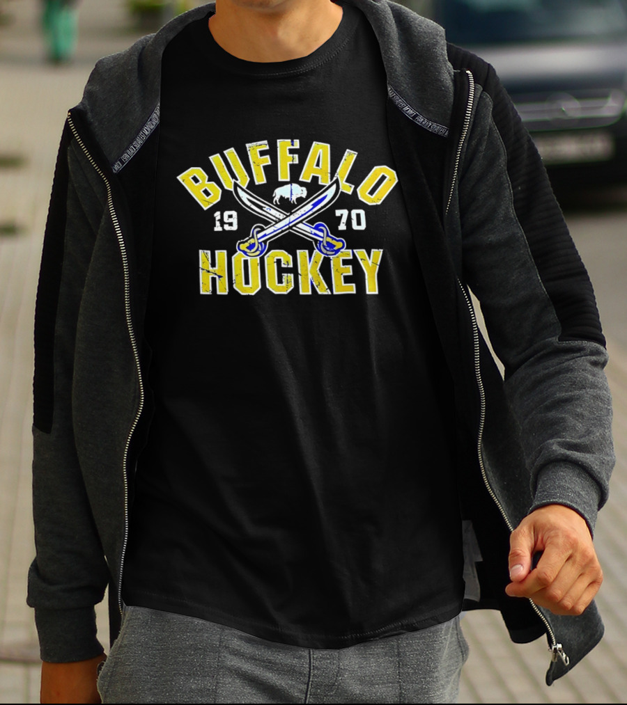 Buffalo Sabres Hockey 1970 NHL Team Logo With Crossed Swords And Buffalo T-Shirt