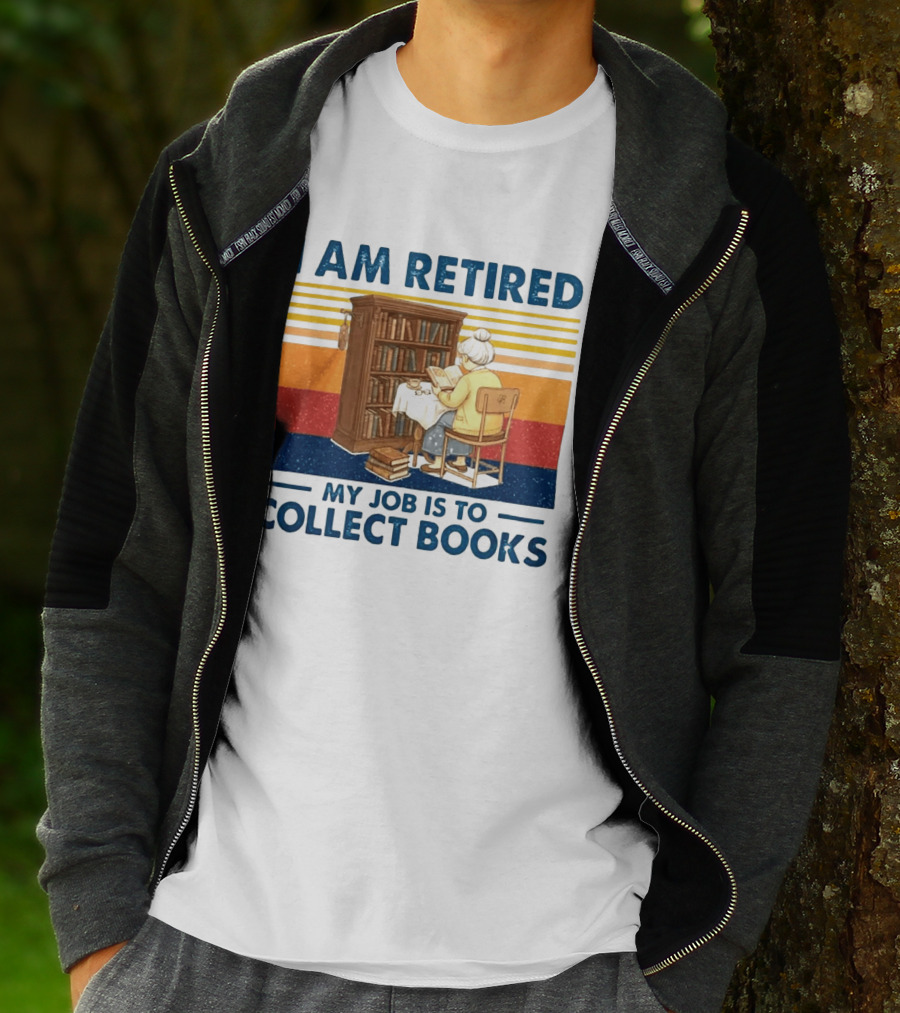 I Am Retired My Job Is To Collect Books Reading Bookshelves Retro Stripes T-Shirt