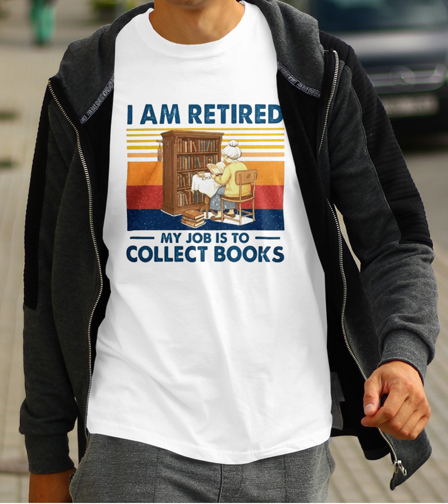 I Am Retired My Job Is To Collect Books Reading Bookshelves Retro Stripes T-Shirt