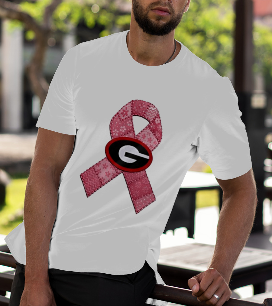 Georgia Bulldogs Patchwork Pink Ribbon Breast Cancer Awareness T-Shirt