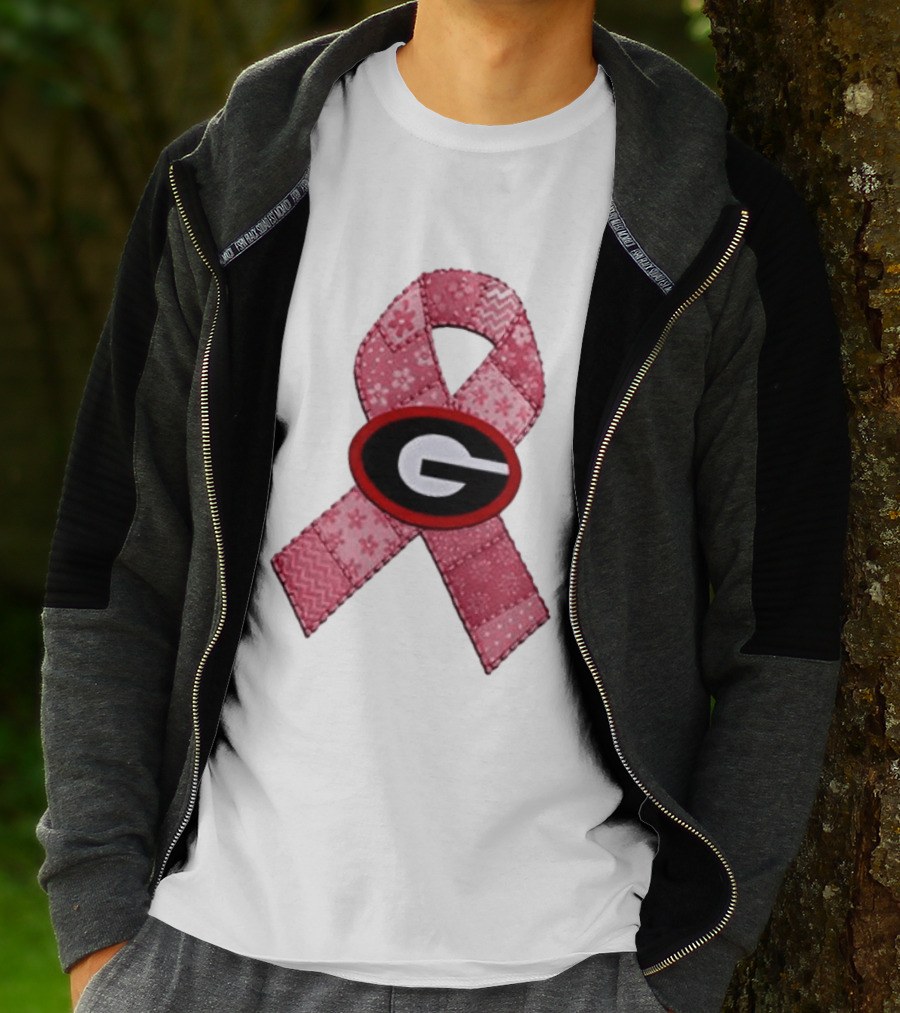 Georgia Bulldogs Patchwork Pink Ribbon Breast Cancer Awareness T-Shirt