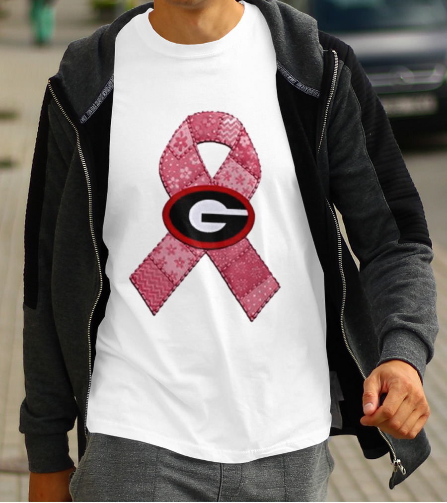 Georgia Bulldogs Patchwork Pink Ribbon Breast Cancer Awareness T-Shirt