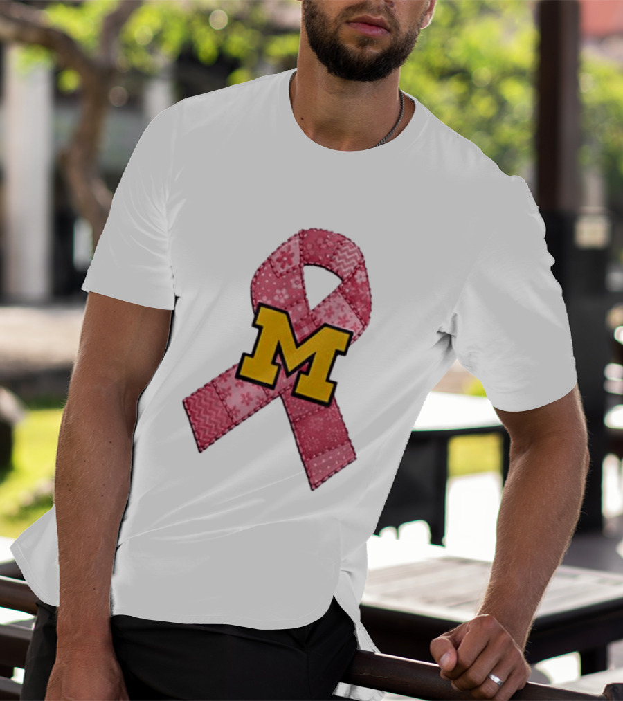 Michigan Wolverines Breast Cancer Awareness Pink Ribbon Patch T-Shirt