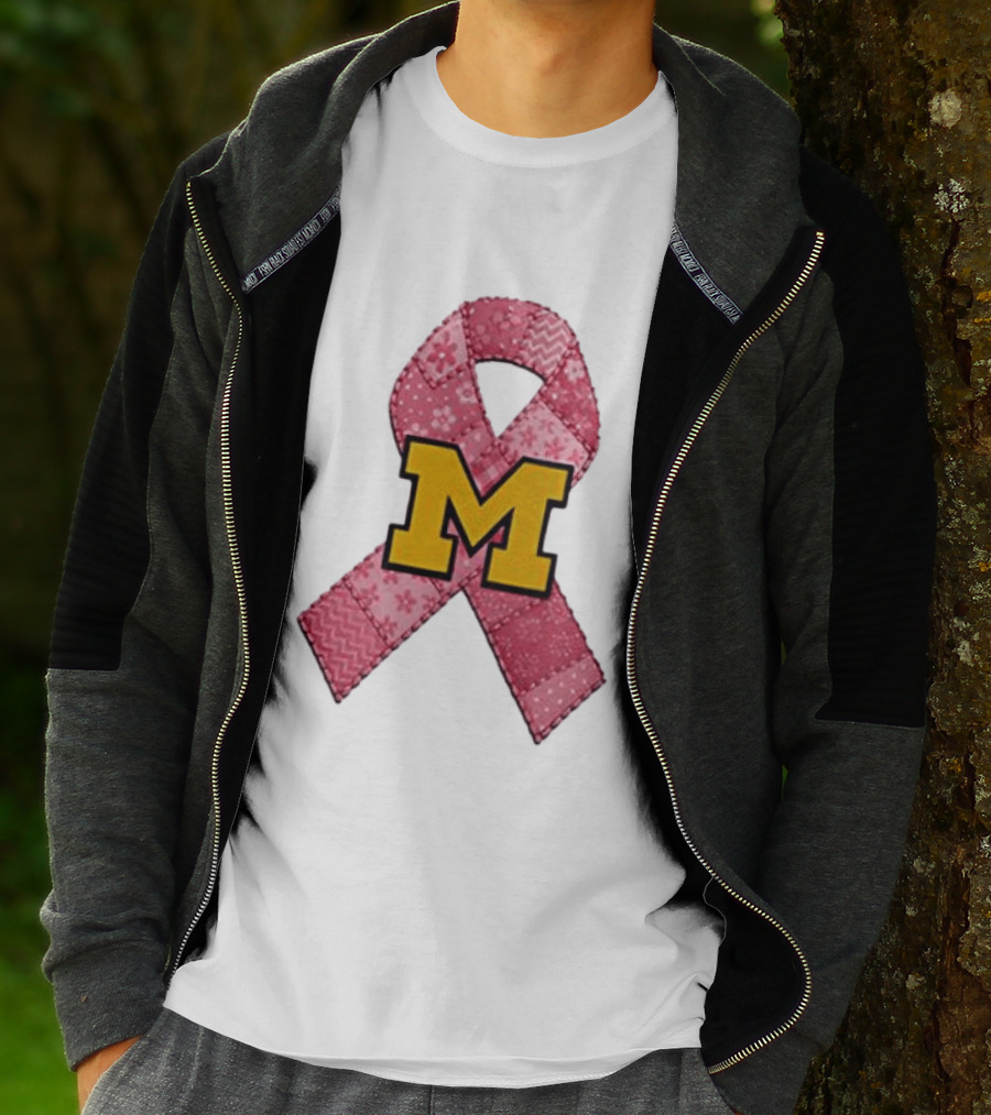 Michigan Wolverines Breast Cancer Awareness Pink Ribbon Patch T-Shirt