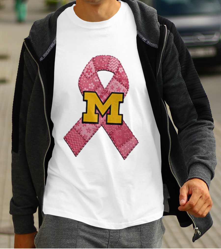 Michigan Wolverines Breast Cancer Awareness Pink Ribbon Patch T-Shirt