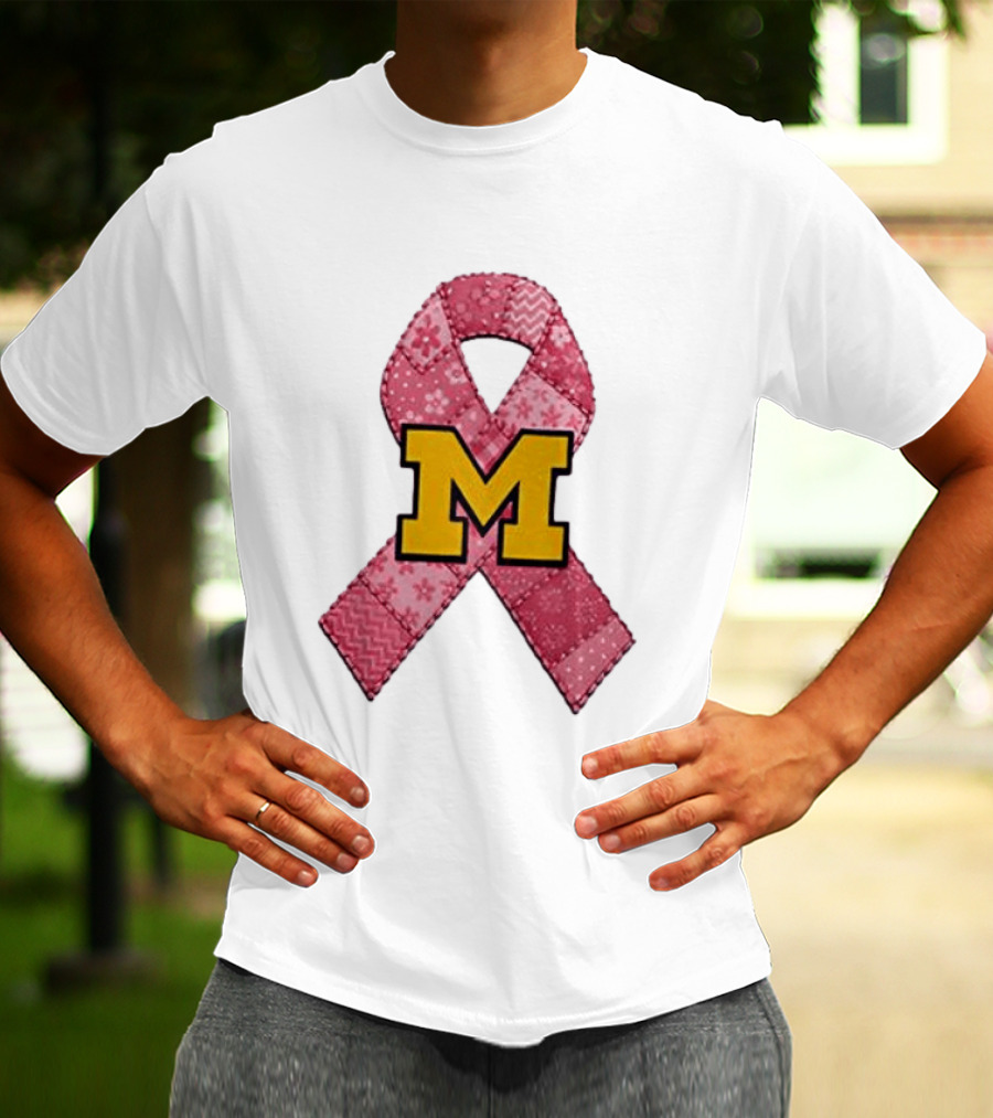 Michigan Wolverines Breast Cancer Awareness Pink Ribbon Patch T-Shirt
