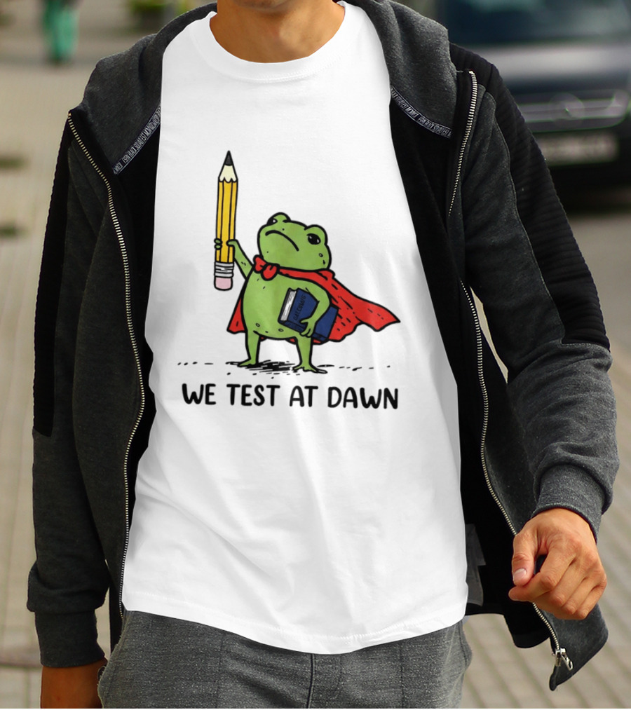Teacher Frog We Test At Dawn Superhero Pencil And Calculator T-Shirt
