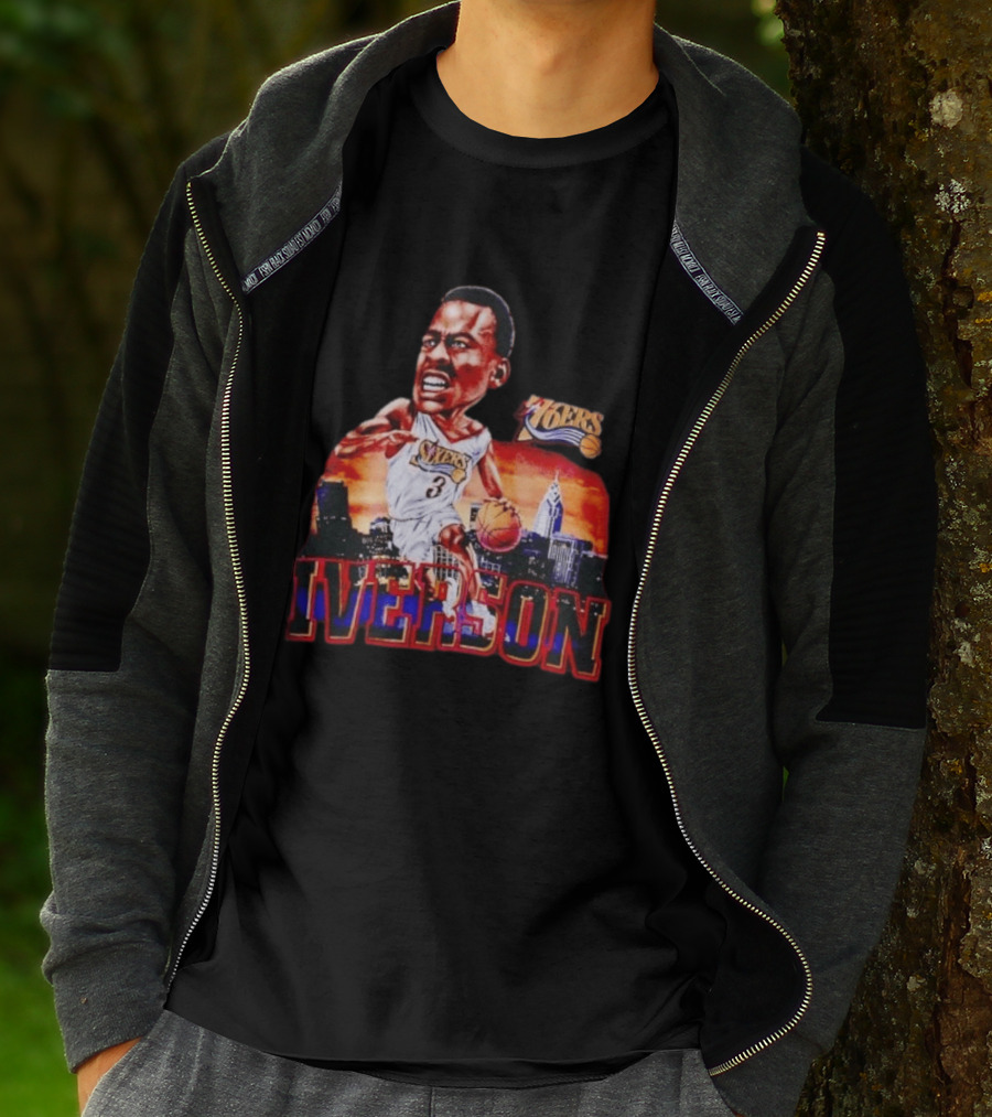 Allen Iverson 76ers Caricature With Philadelphia Skyline T-Shirt