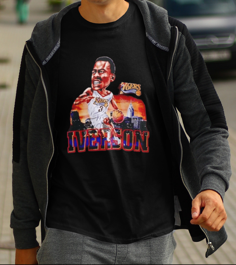 Allen Iverson 76ers Caricature With Philadelphia Skyline T-Shirt