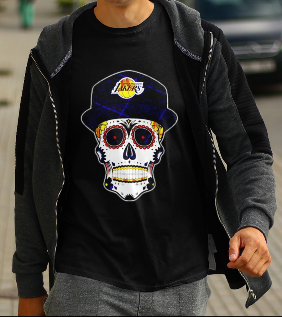 Los Angeles Lakers Sugar Skull Día De Muertos Hat Butterfly T-Shirt