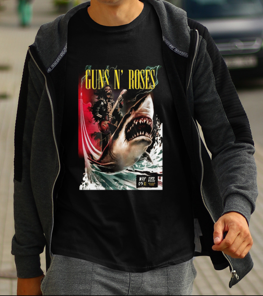 Guns N' Roses May 05 2026 Hard Rock Live Hollywood Concert Skeleton Guitarist Shark Wave T-Shirt