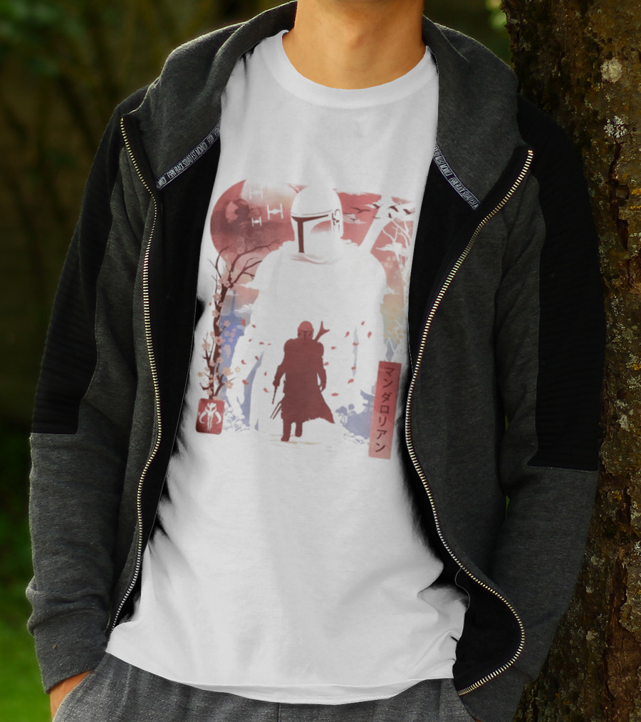 Lone Gunfighter Mandalorian Creed Japanese Text Star Wars Art Red Blue Yellow T-Shirt