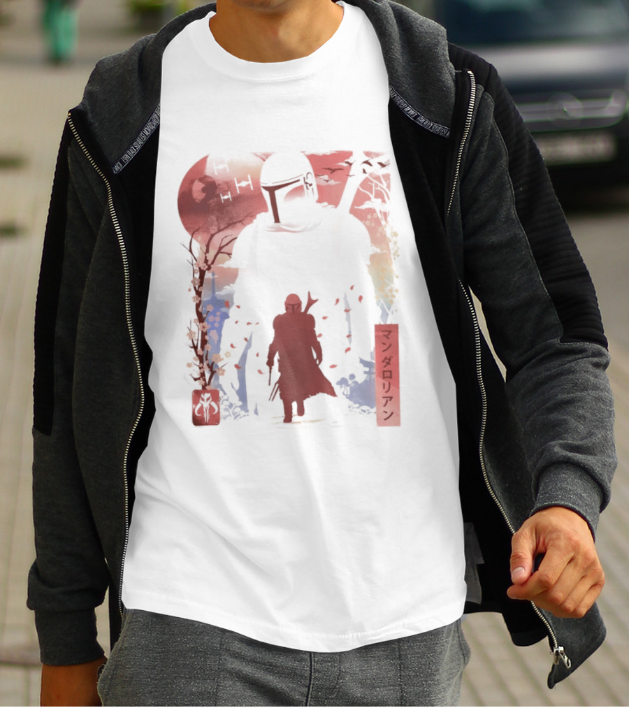 Lone Gunfighter Mandalorian Creed Japanese Text Star Wars Art Red Blue Yellow T-Shirt