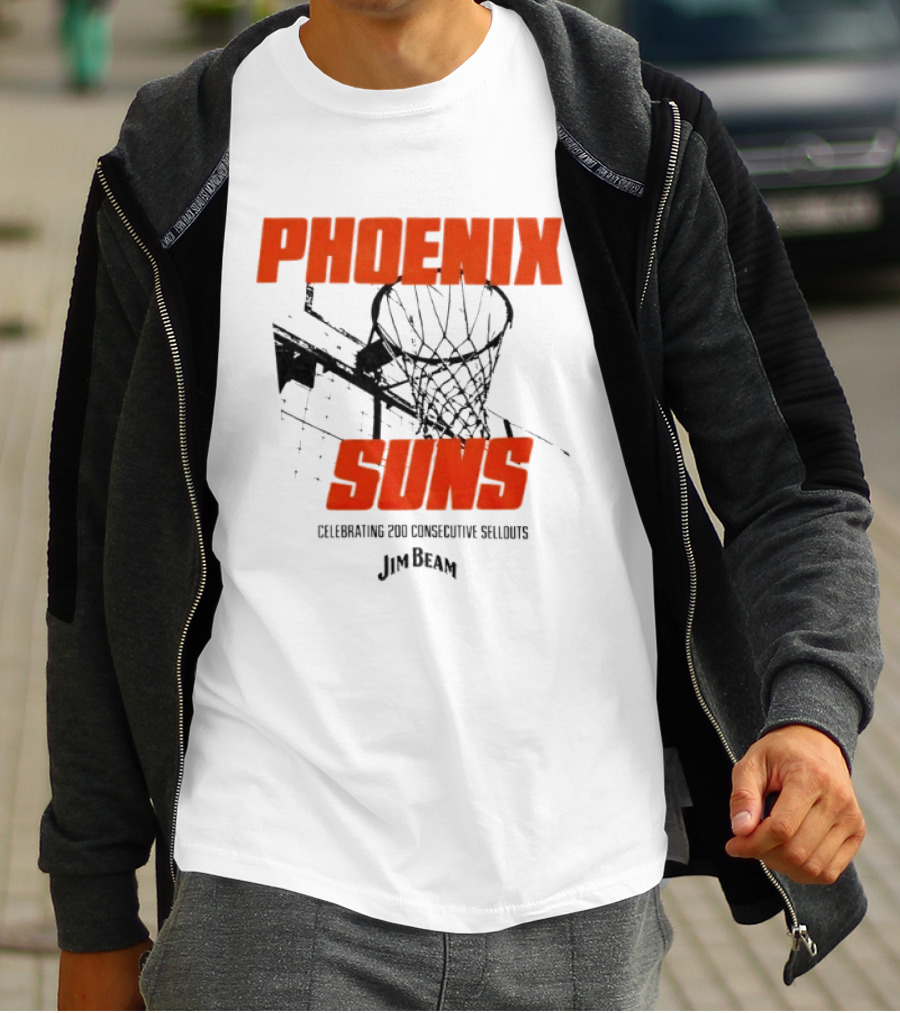 Phoenix Suns Celebrating 200 Consecutive Sellouts Jim Beam Basketball Hoop T-Shirt