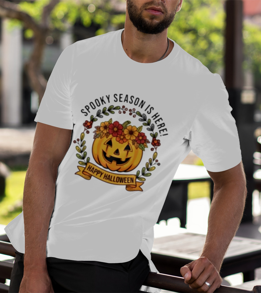Spooky Season Is Here Happy Halloween Pumpkin With Flowers T-Shirt