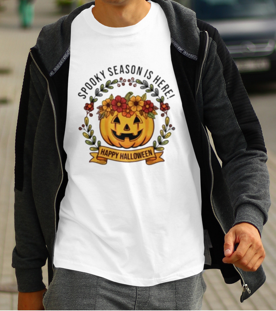 Spooky Season Is Here Happy Halloween Pumpkin With Flowers T-Shirt