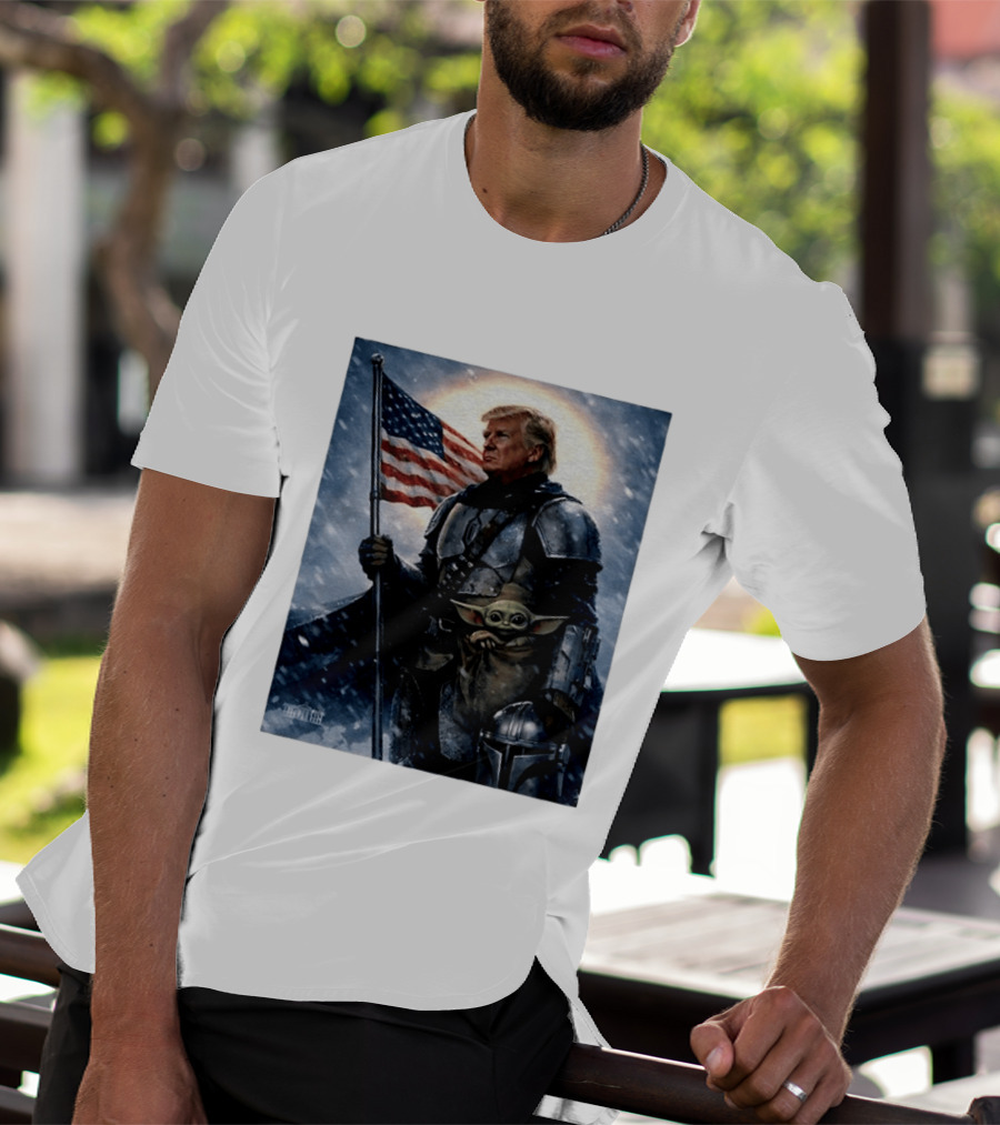 Donald Trump As The Mandalorian Holding American Flag With Grogu Star Wars T-Shirt
