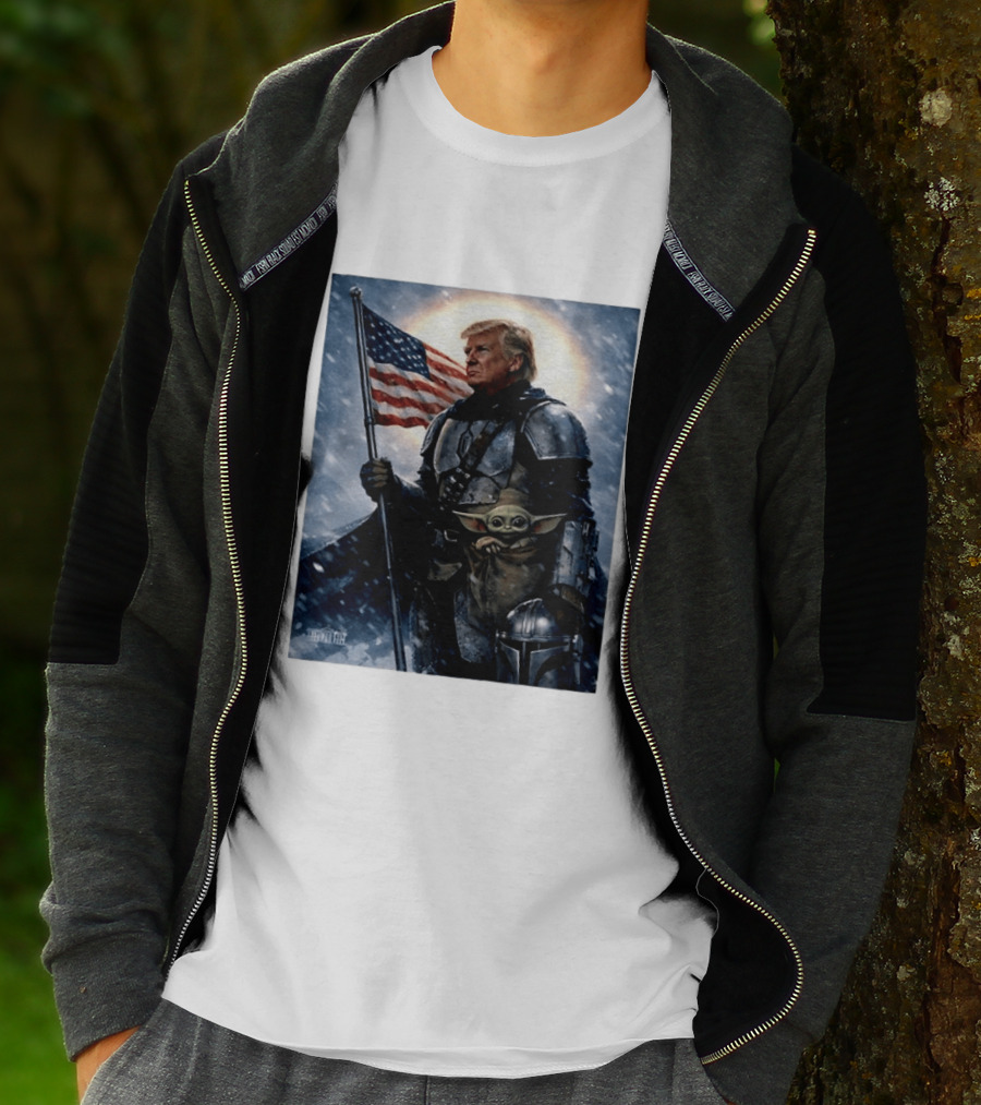 Donald Trump As The Mandalorian Holding American Flag With Grogu Star Wars T-Shirt