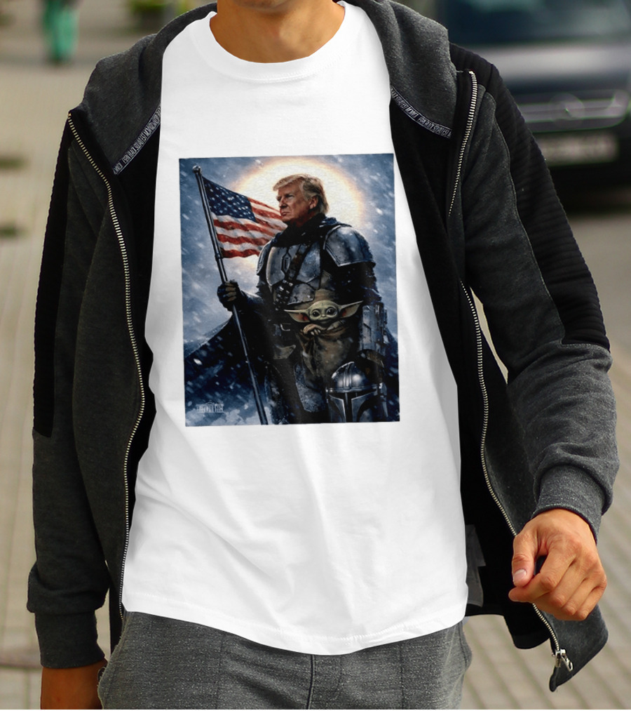 Donald Trump As The Mandalorian Holding American Flag With Grogu Star Wars T-Shirt