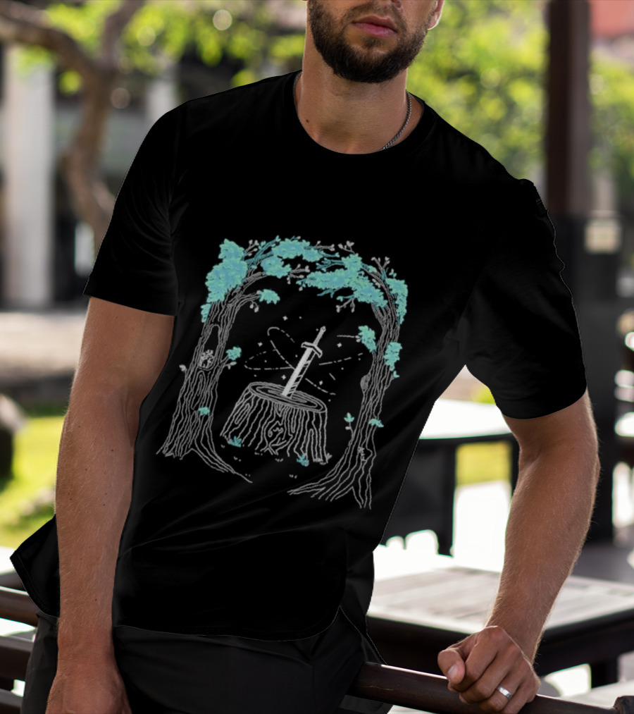 Mythical Golden Sword In Stone Amid Enchanted Forest Mythicality 2026 T-Shirt