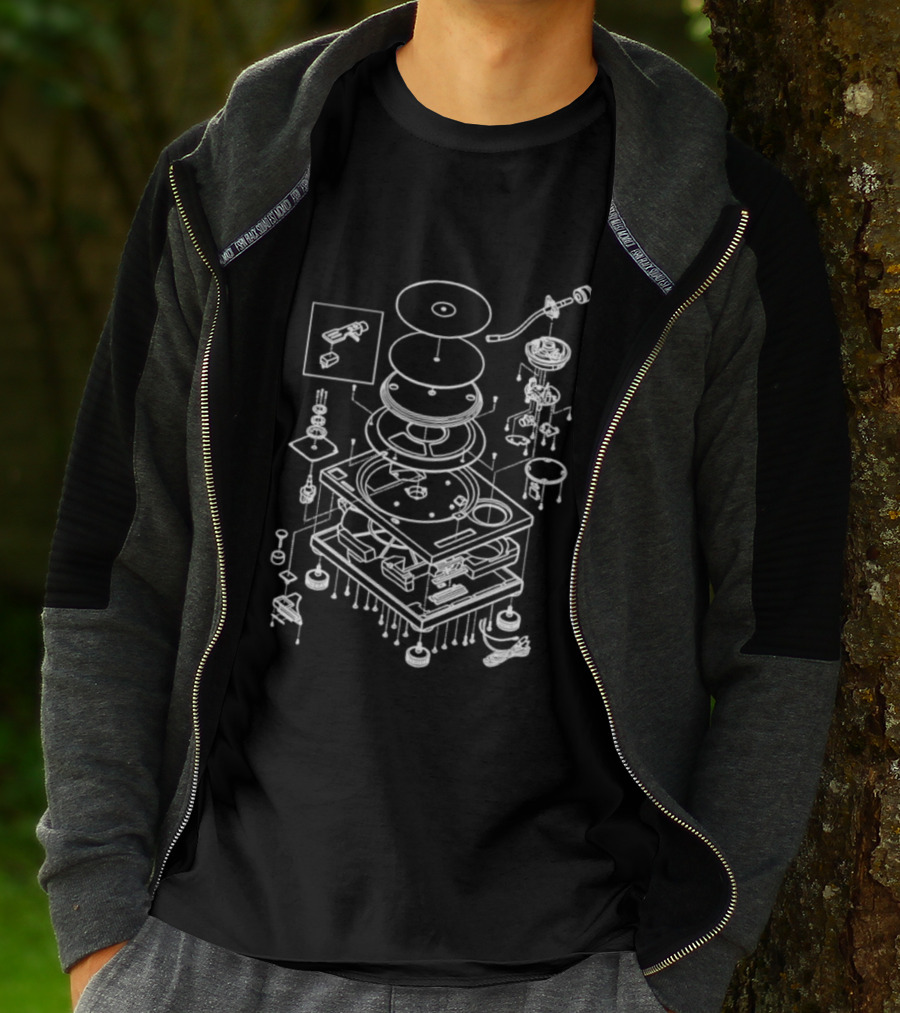 Vintage Record Player Exploded Schematic Blueprint T-Shirt
