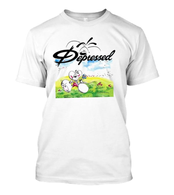 Depressed Diddl White Gerbil Cartoon In Spring Meadow T-Shirt