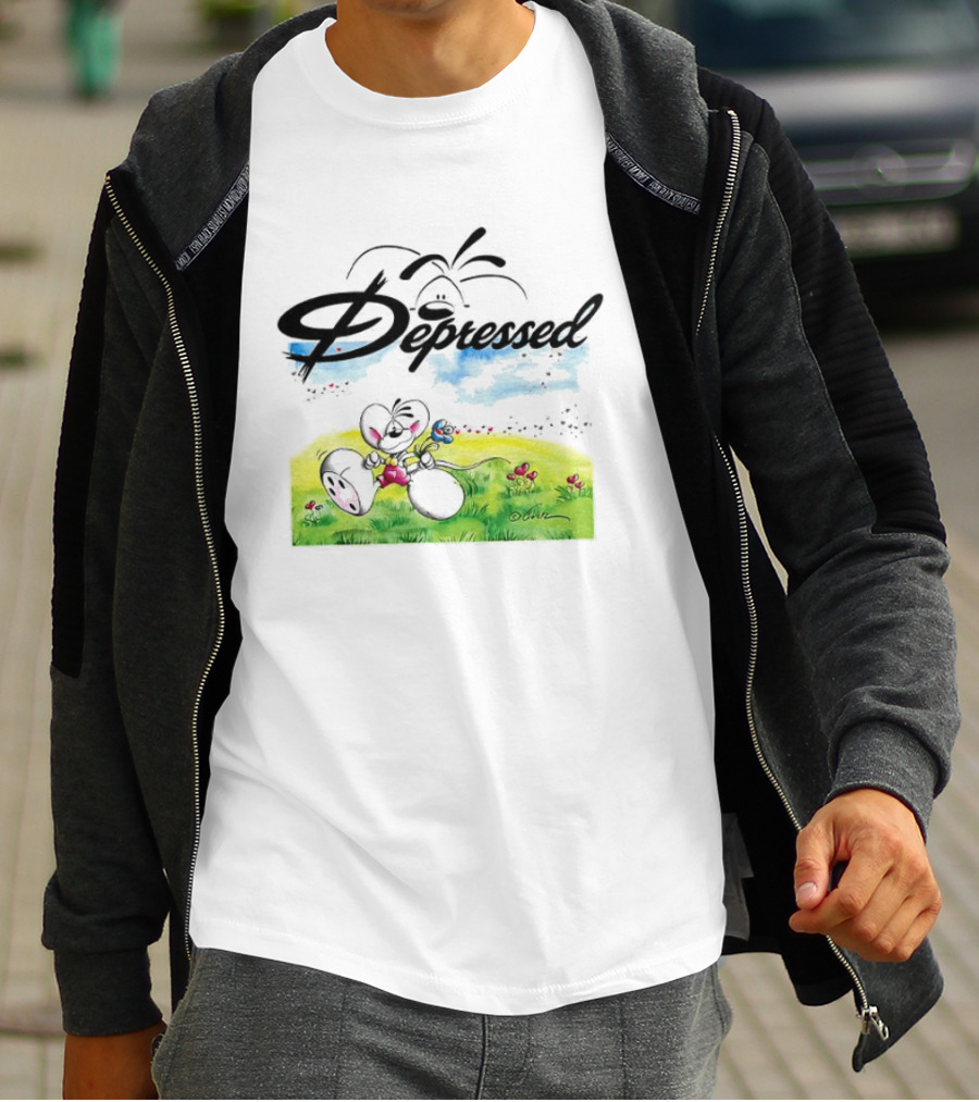 Depressed Diddl White Gerbil Cartoon In Spring Meadow T-Shirt