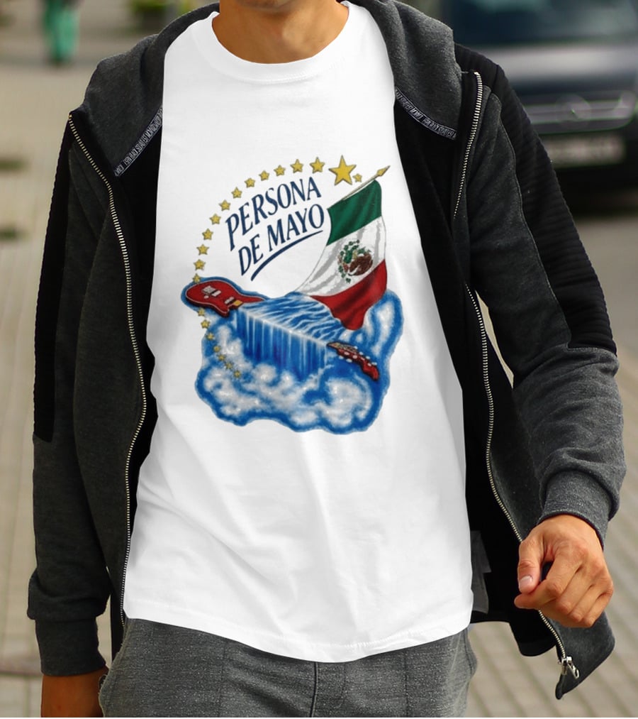 Persona De Mayo Mexican Flag Guitar Waterfall Stars T-Shirt
