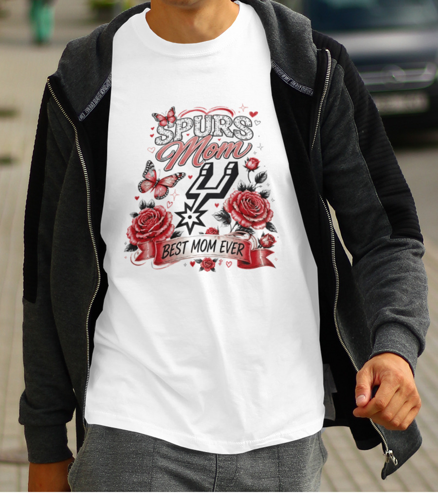 San Antonio Spurs Mom Best Mom Ever Mother's Day Flowers And Butterfly T-Shirt
