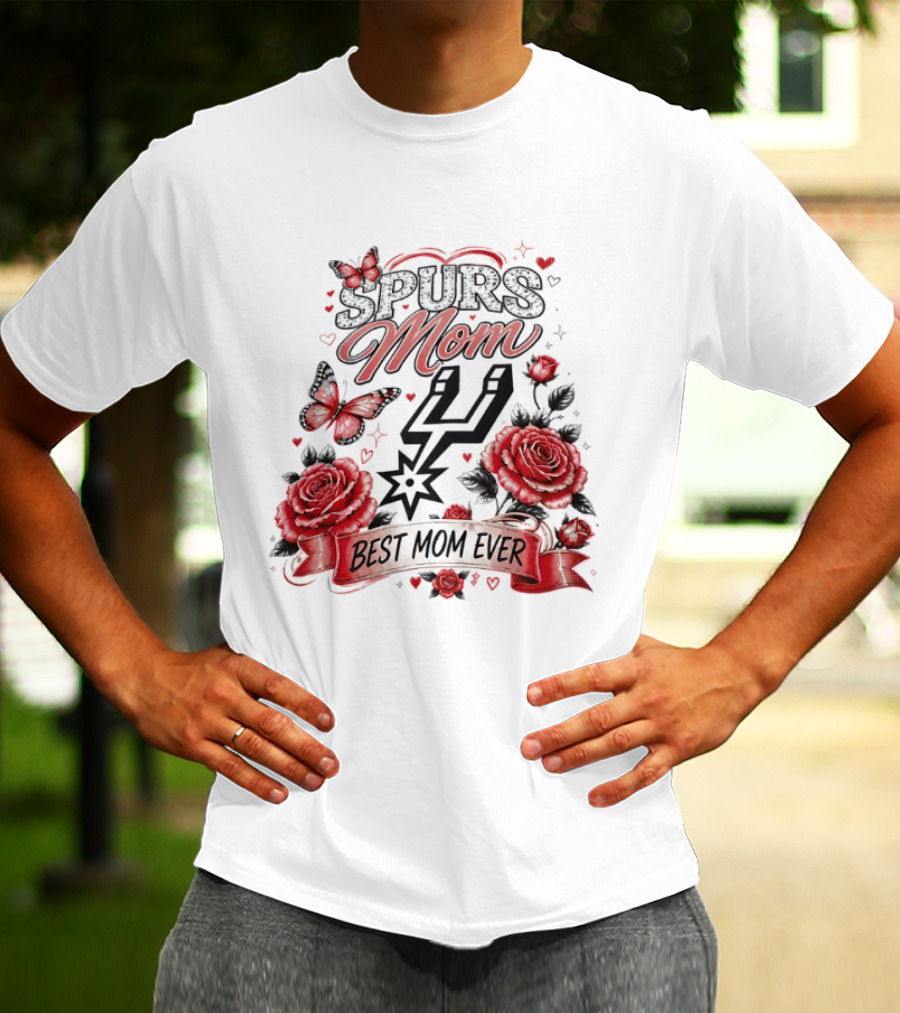 San Antonio Spurs Mom Best Mom Ever Mother's Day Flowers And Butterfly T-Shirt
