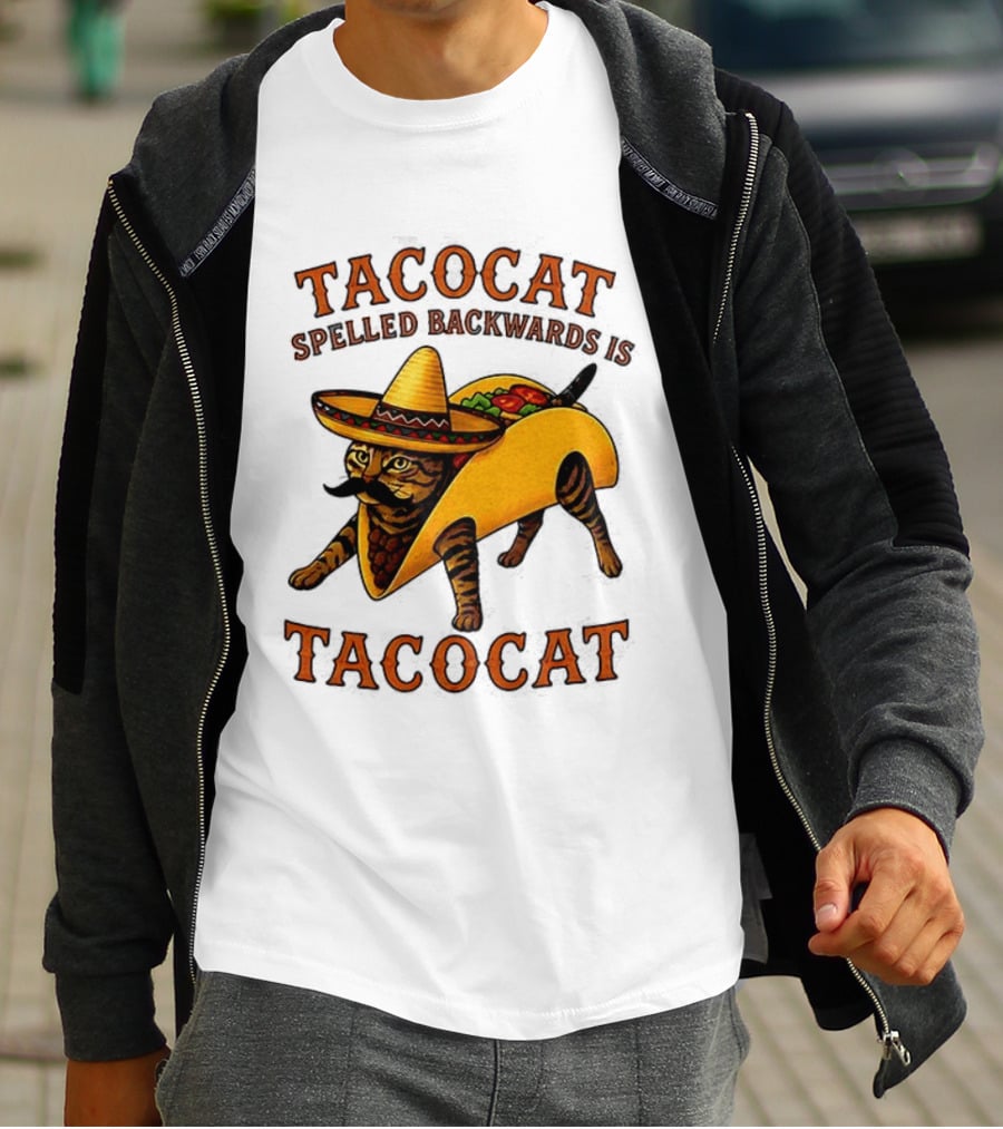 Tacocat Spelled Backwards Is Tacocat Mexican Hat Mustache Cat In Taco T-Shirt
