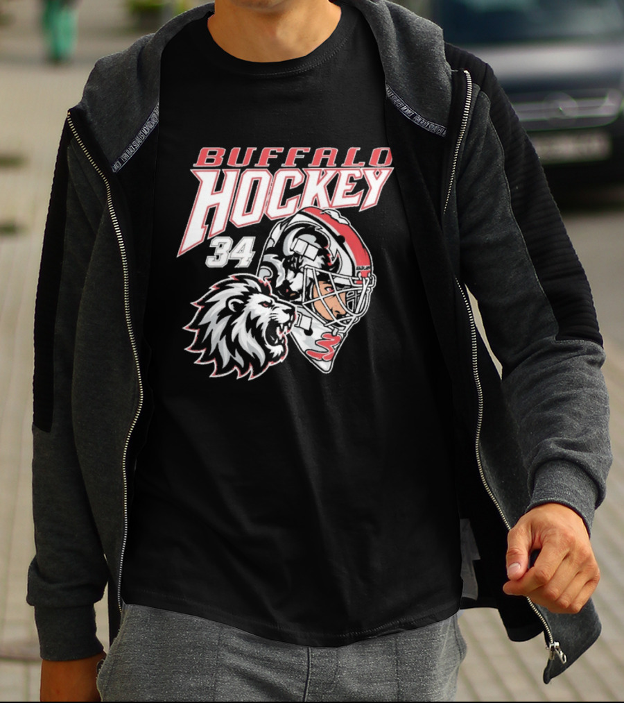 Buffalo Hockey 34 The Lyons Den Lion And Hockey Helmet T-Shirt