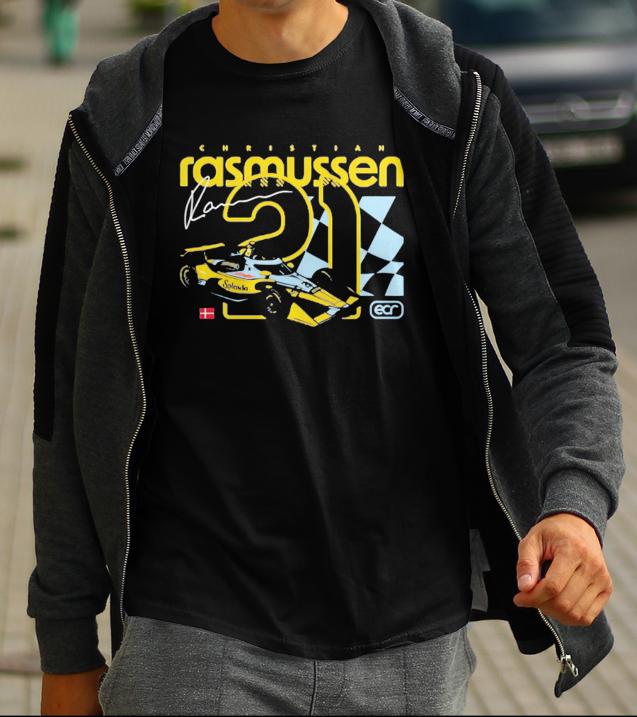 Christian Rasmussen ECR Number 21 Racing Splendor Denmark Flag Checkerboard T-Shirt