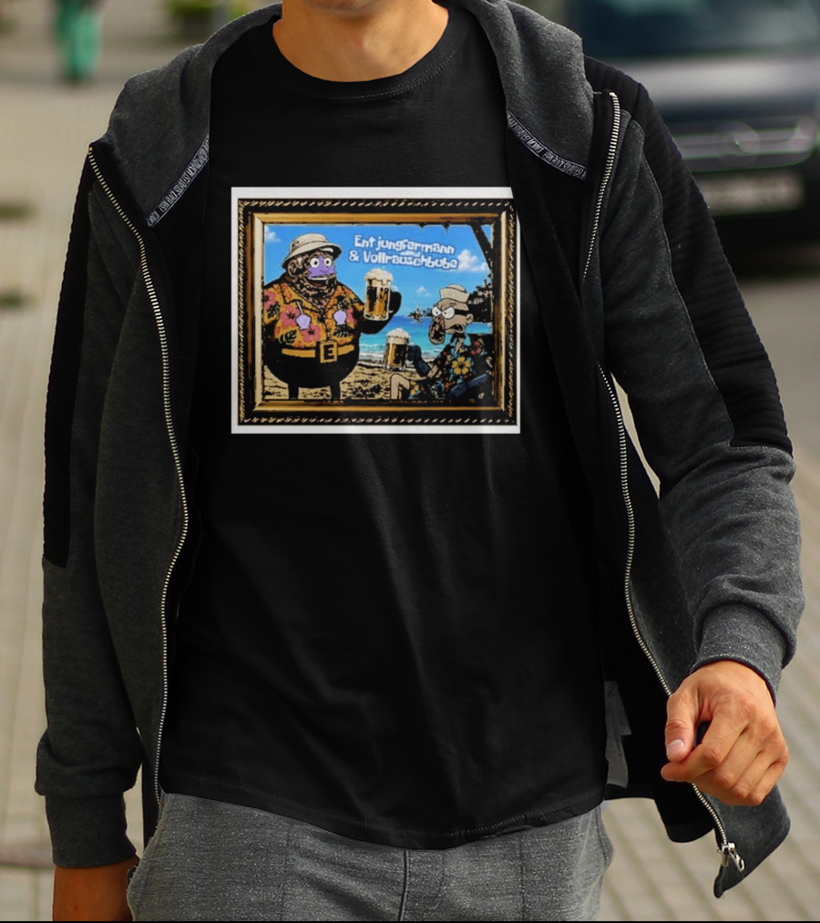 Entjungfermann And Vollrauschbube Tropical Beach Cartoon Characters Cheers With Beer T-Shirt