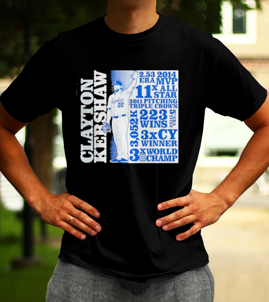 Clayton Kershaw Los Angeles Dodgers 3x World Champ 11x All Star 3x CY Winner 223 Wins T-Shirt