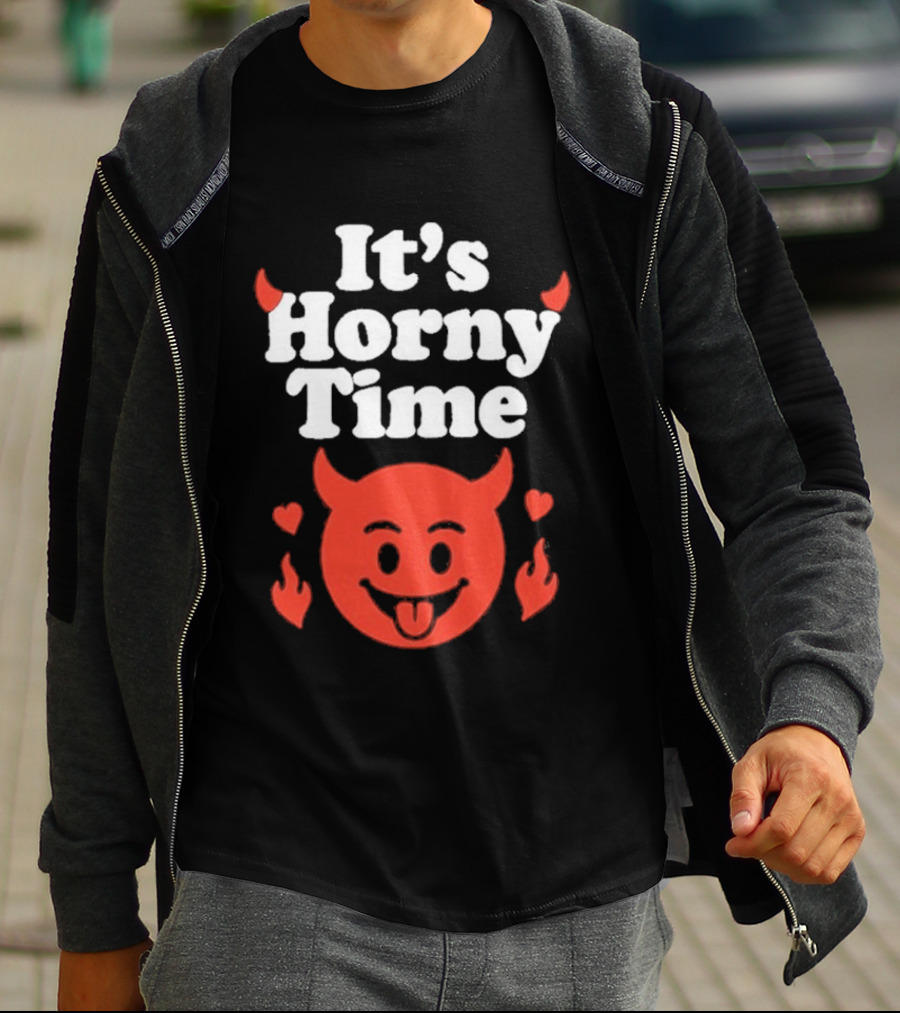 It's Horny Time Devil Red Face With Flames And Hearts T-Shirt