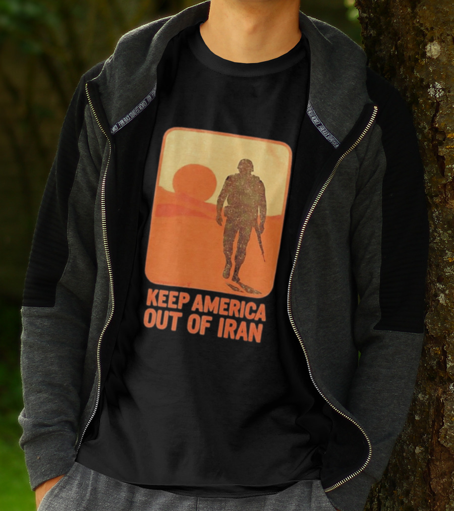 Keep America Out Of Iran Soldier Silhouette Desert Sunset Scene T-Shirt