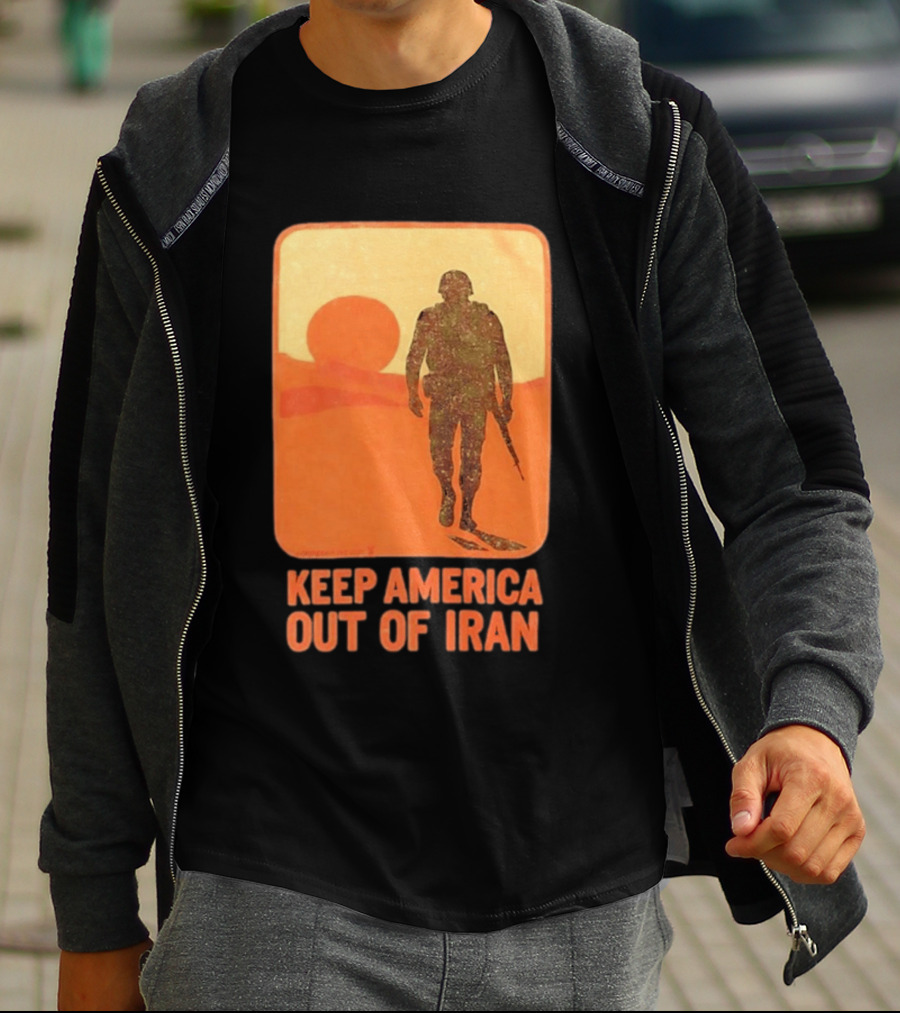 Keep America Out Of Iran Soldier Silhouette Desert Sunset Scene T-Shirt